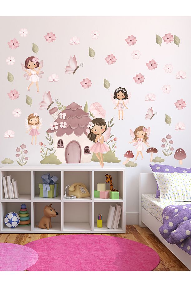 Pastel Renklerde Peri Evi ve Neşeli Orman Perileri Çocuk odası Cam, Duvar sticker - 4