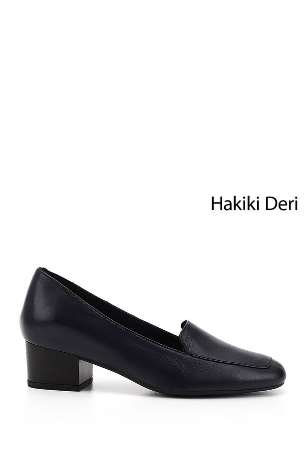 Kadın / Kız Lacivert Antik Küt Burun Kısa Kalın Topuklu Hakiki Deri Ayakkabı - 1