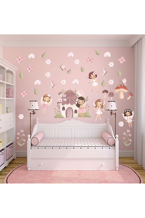Pastel Renklerde Peri Evi ve Neşeli Orman Perileri Çocuk odası Cam, Duvar sticker - 1