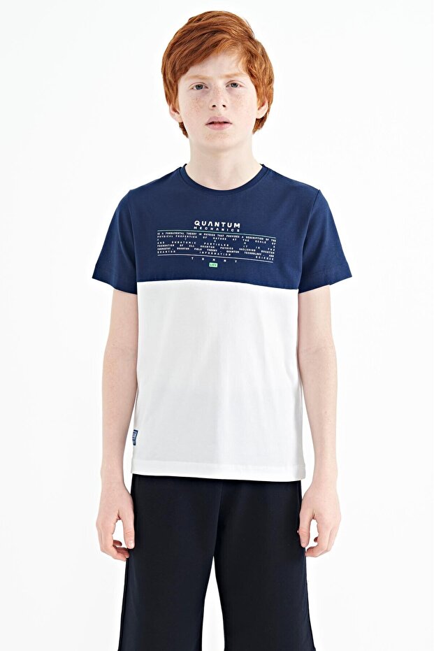White Text Printed Color Block Standard Fit O Neck Boys T-Shirt - 11134