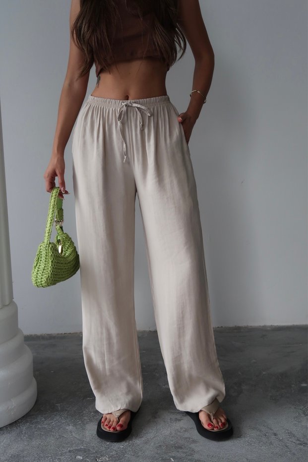 Women's Cupra Stone Thin Belted Wide Leg Trousers with Pockets