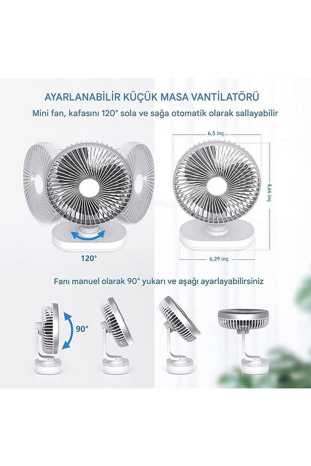 Şarjlı Masaüstü 120°Otomatik Döner Oynar Başlıklı 4 Hız Modu Turbo Fan Soğutucu Vantilatör GriX881 - 4