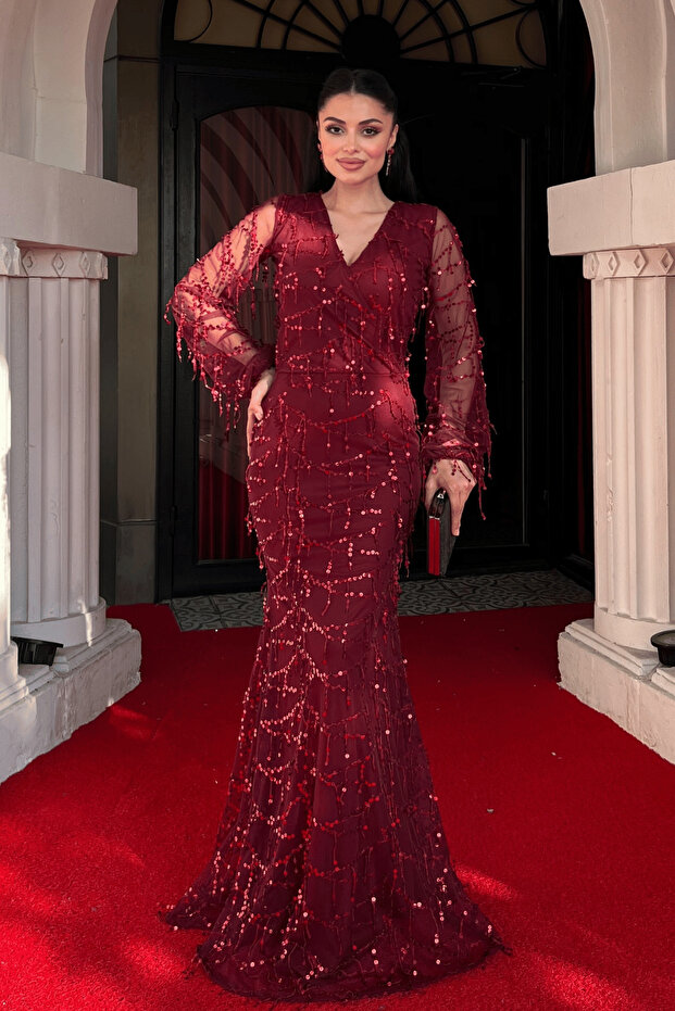 Sequined Fringed Designer Dress - BORDO