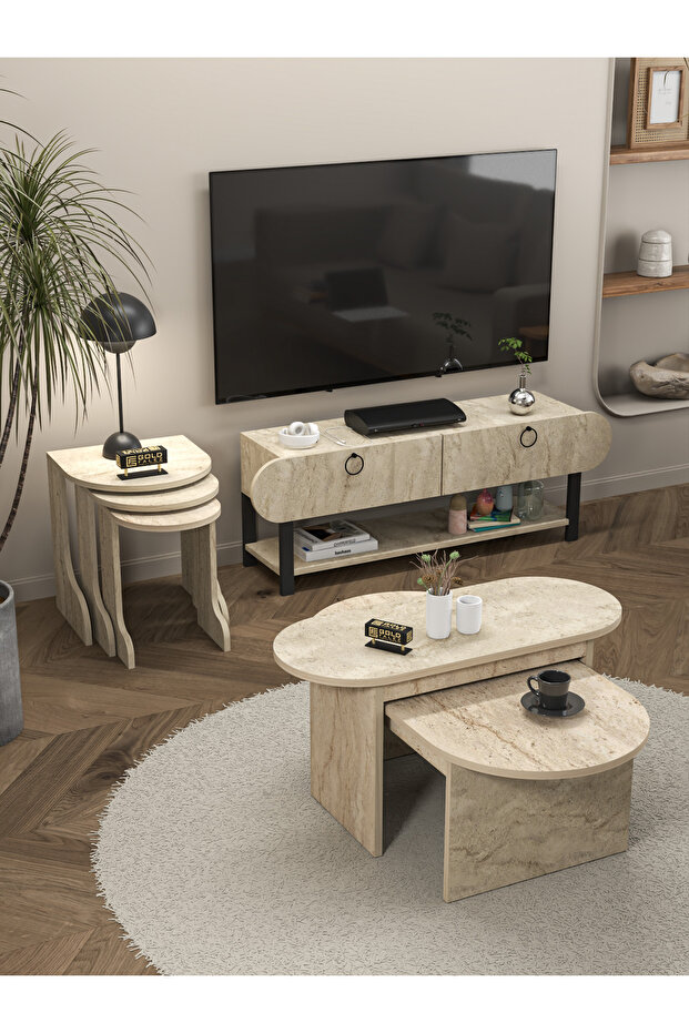 Zigon Sehpa 3' Lü Setro Traverten - 8