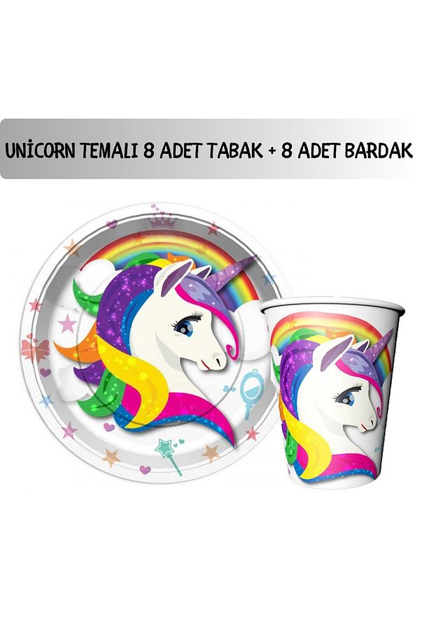 Unicorn Temalı Parti Seti 8 Kişilik Kağıt Tabak ve Bardak Çocuk Doğum Günü Süsleri - 1