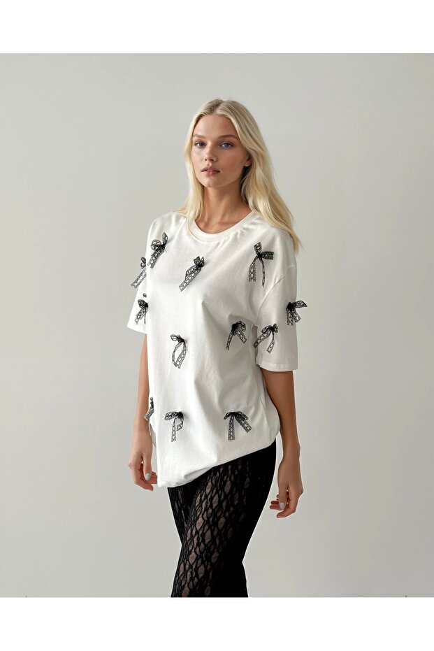 Kurdela Detay Oversize Kadın Tshirt - 3