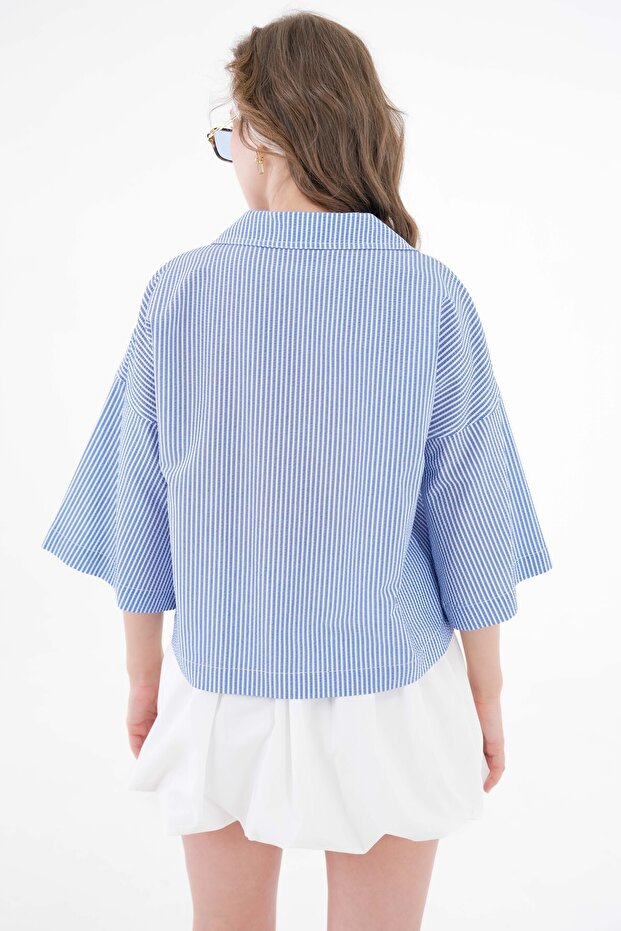 Mavi Çizgili V Yaka Basic Dokuma Bluz - 7