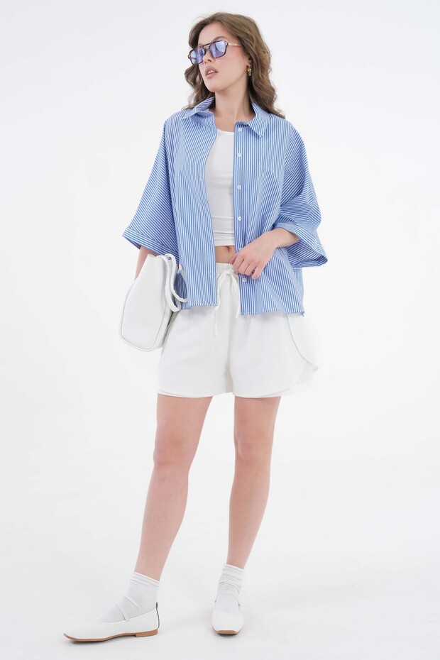 Mavi Çizgili Oversize Dokuma Basic Gömlek - 4