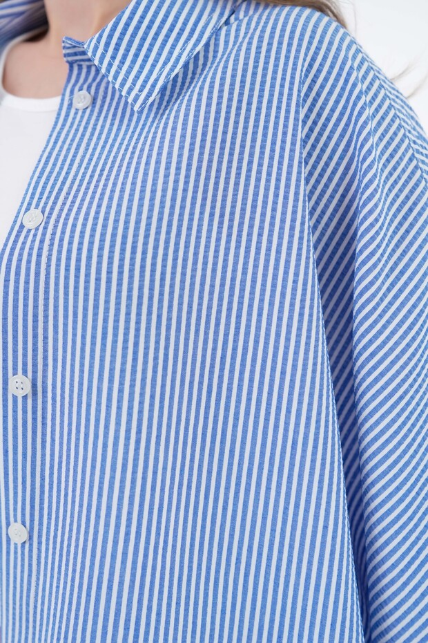 Mavi Çizgili Oversize Dokuma Basic Gömlek - 5