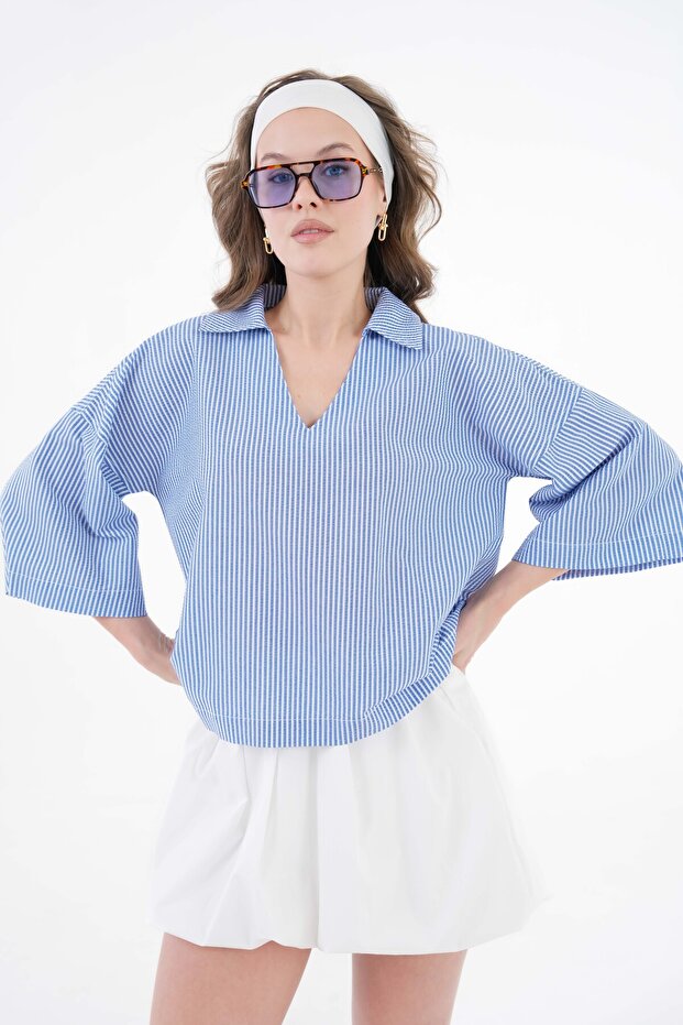 Mavi Çizgili V Yaka Basic Dokuma Bluz - 4