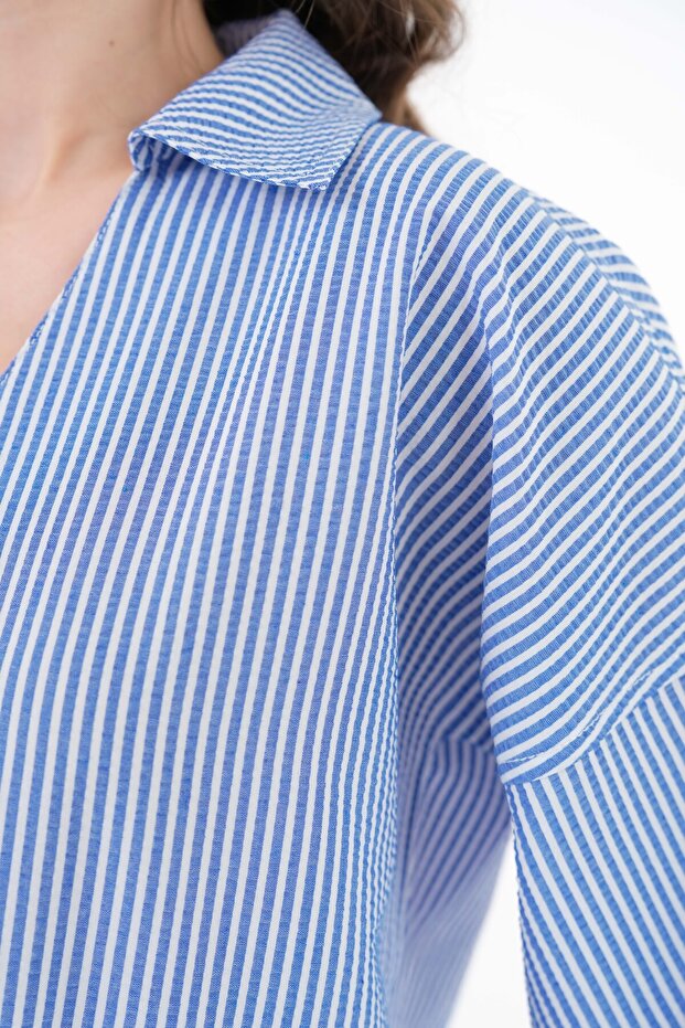 Mavi Çizgili V Yaka Basic Dokuma Bluz - 3