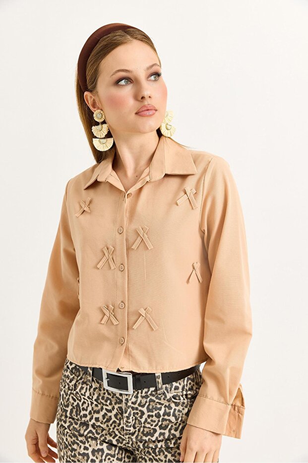 Bow Detailed Woven Shirt Mink