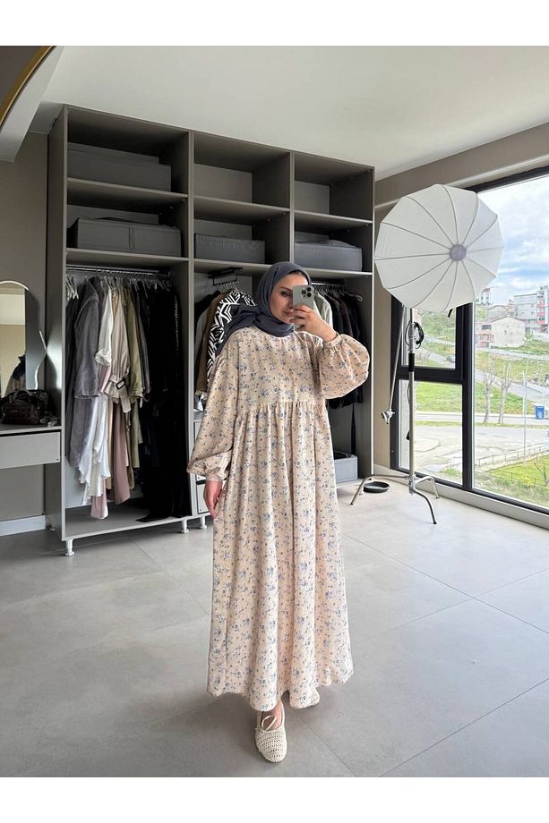 Çıtır Çiçek Desen Keten Elbise 0092 - 2
