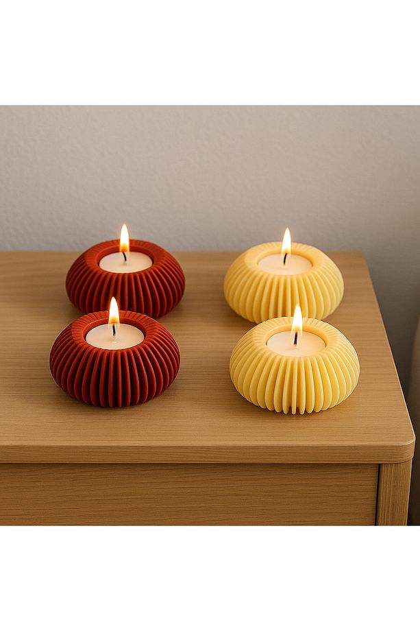 Dekoratif 3D Baskı Mumluk Seti - Kırmızı & Sarı Renkli 4’lü Tealight Şamdan - 5