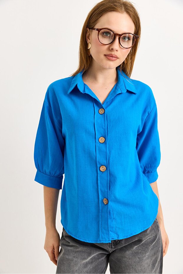 Wooden Button Three Quarter Sleeve Linen Shirt Blue