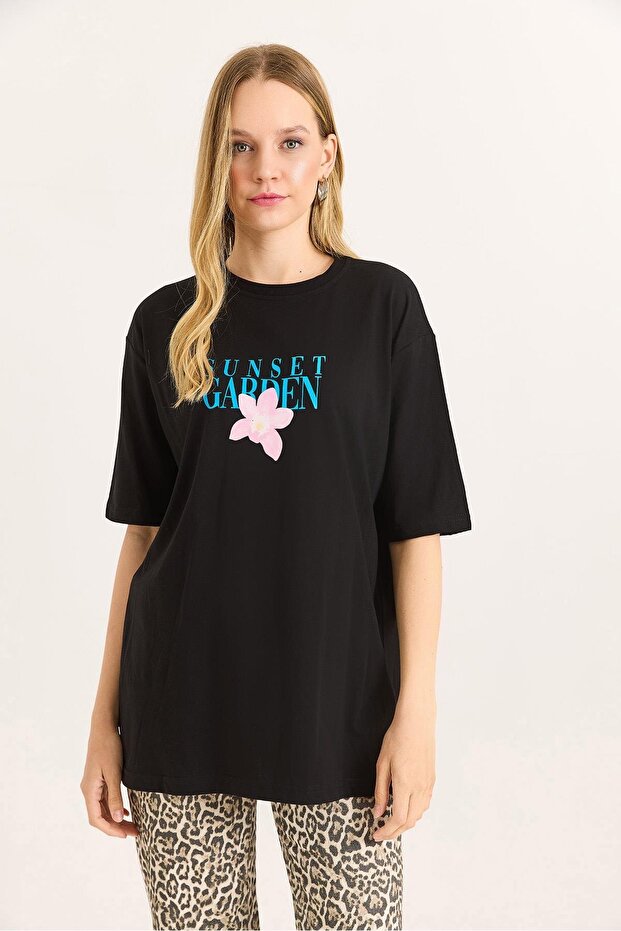 Front Back Printed Crew Neck Tshirt Black