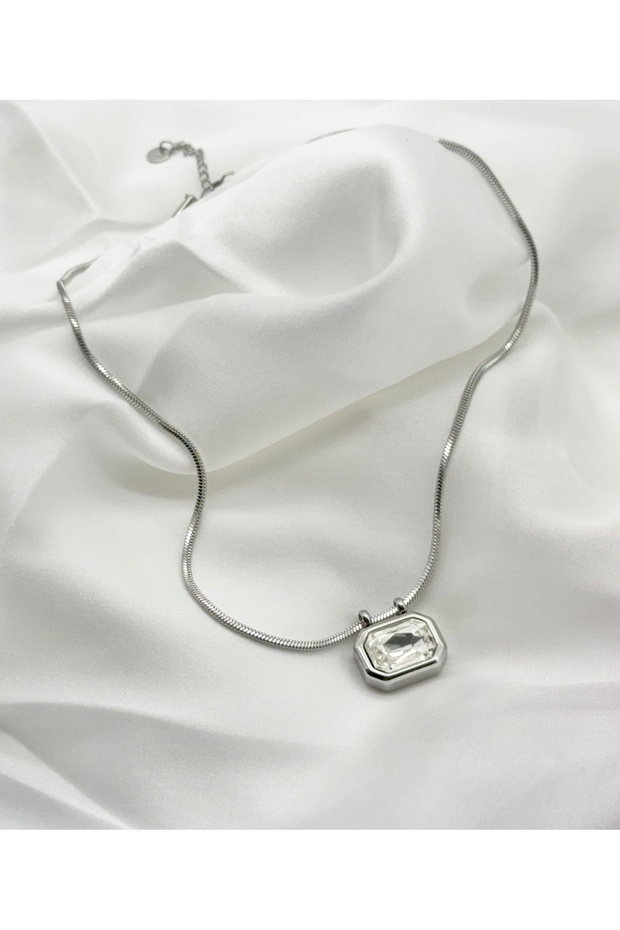 Stainless Steel Baguette Zircon Stone Women's Necklace Silver Color