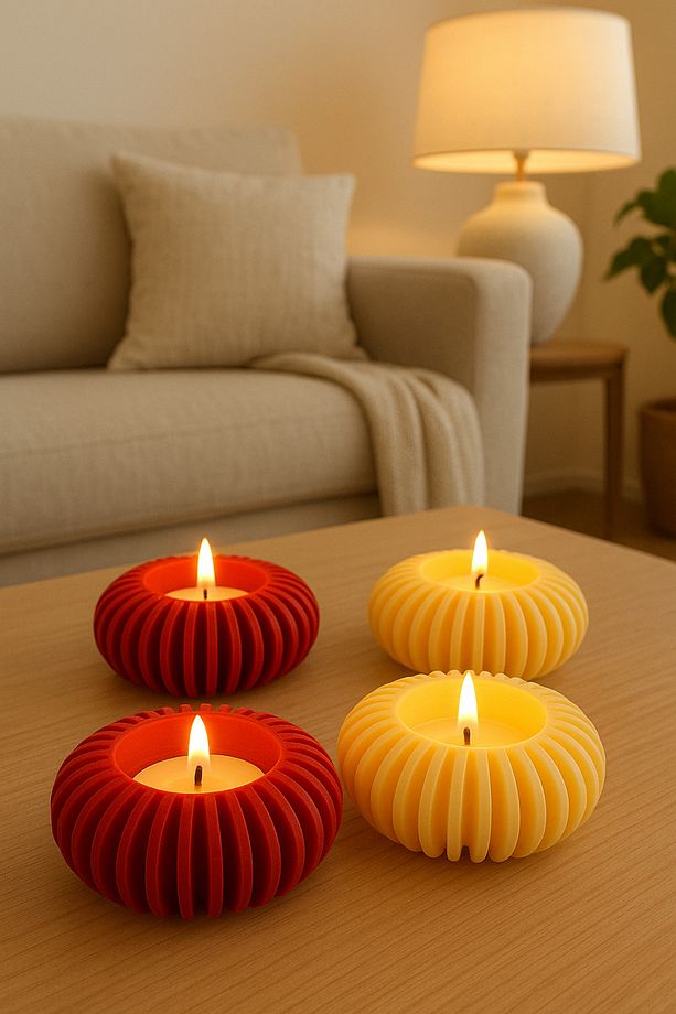 Dekoratif 3D Baskı Mumluk Seti - Kırmızı & Sarı Renkli 4’lü Tealight Şamdan - 3