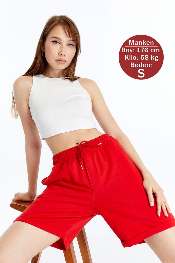 Kadın Oversize Yumuşak Dokulu Şort Modal Karışımlı Katlamalı Paça - 1