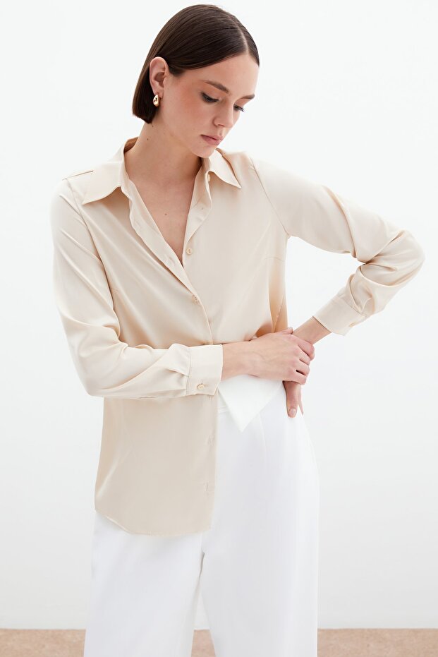 Saten Gömlek - Bej - 6