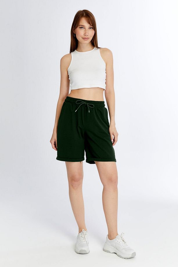 Kadın Oversize Yumuşak Dokulu Şort Modal Karışımlı Katlamalı Paça - 4