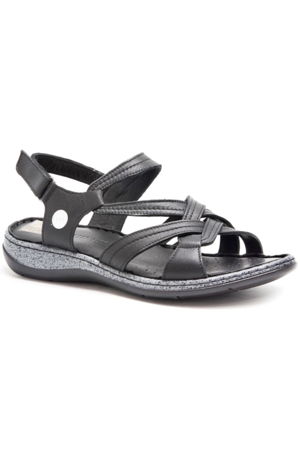 D25Ys-02530 Black Skin Leather Women's Comfort Sandals