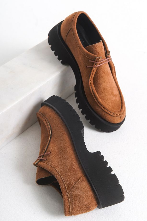 Babs Kadın Loafer Kalın Taban Bağcıklı Günlük Ayakkabı Taba Süet - 5