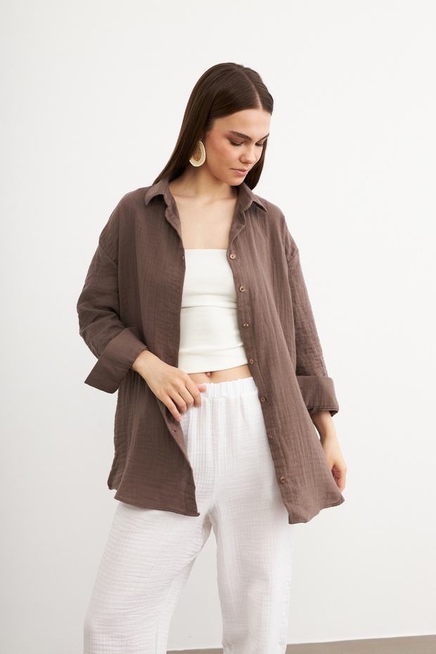 Oversize Basic Muslin Shirt Earth Brown - 4