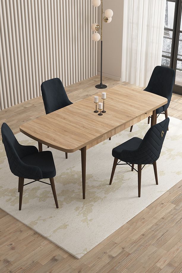 Mazaka Serisi 80x132 Açılabilir MDf Meşe Masa Takımı 4 Antrasit Sandalye Kahve Ayak - 2