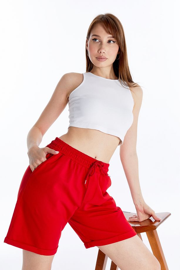Kadın Oversize Yumuşak Dokulu Şort Modal Karışımlı Katlamalı Paça - 8