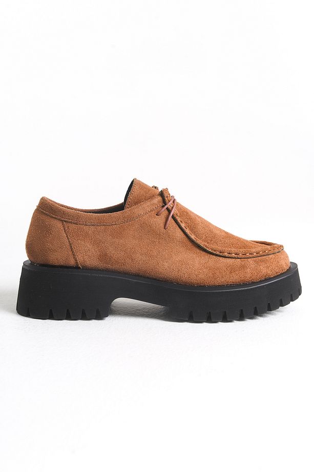 Babs Kadın Loafer Kalın Taban Bağcıklı Günlük Ayakkabı Taba Süet - 3