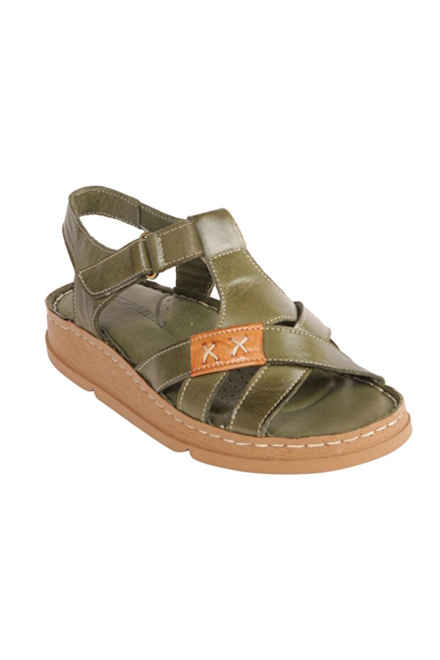 D25Ys-02440 Khaki Skin Leather Women's Comfort Sandals