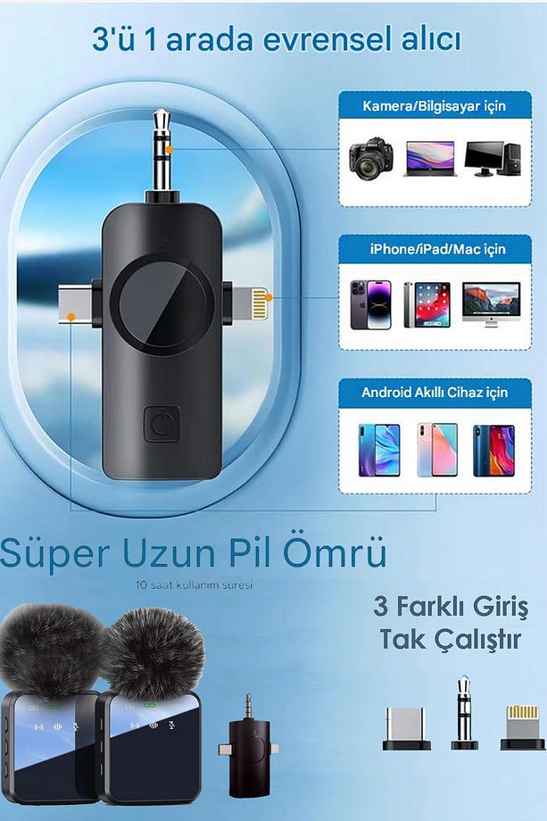2li Kablosuz Yaka Mikrofonu Type-C iPhone Girişli Telefon Uyumlu Wireless Mikrofon Canlı Yayın F11-2 - 1