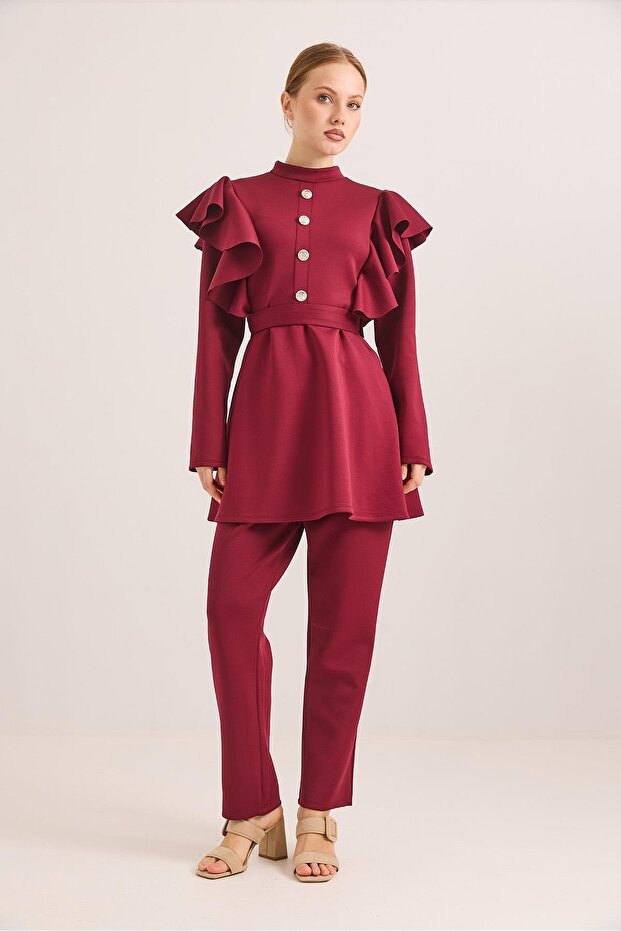 Button Detailed Stand Collar Ruffled Shoulder Scuba Suit Burgundy