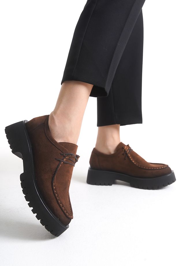 Babs Kadın Loafer Kalın Taban Bağcıklı Günlük Ayakkabı Kahve Süet - 4
