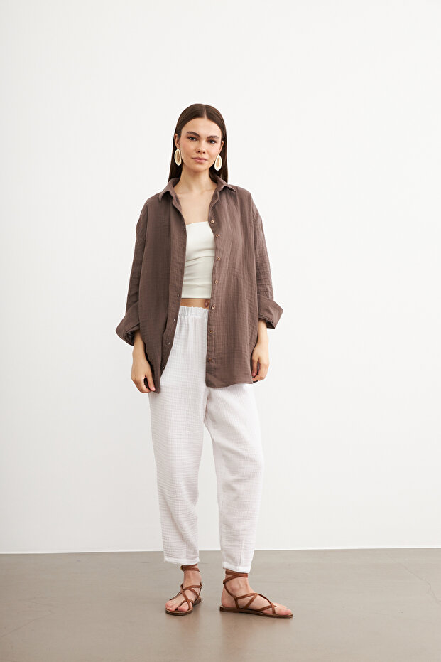 Oversize Basic Muslin Shirt Earth Brown - 3