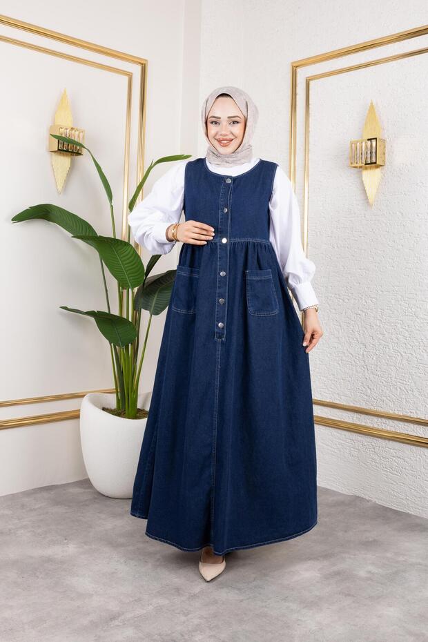 Women's Buttoned Waist Drawstring Navy Blue Denim Gilet