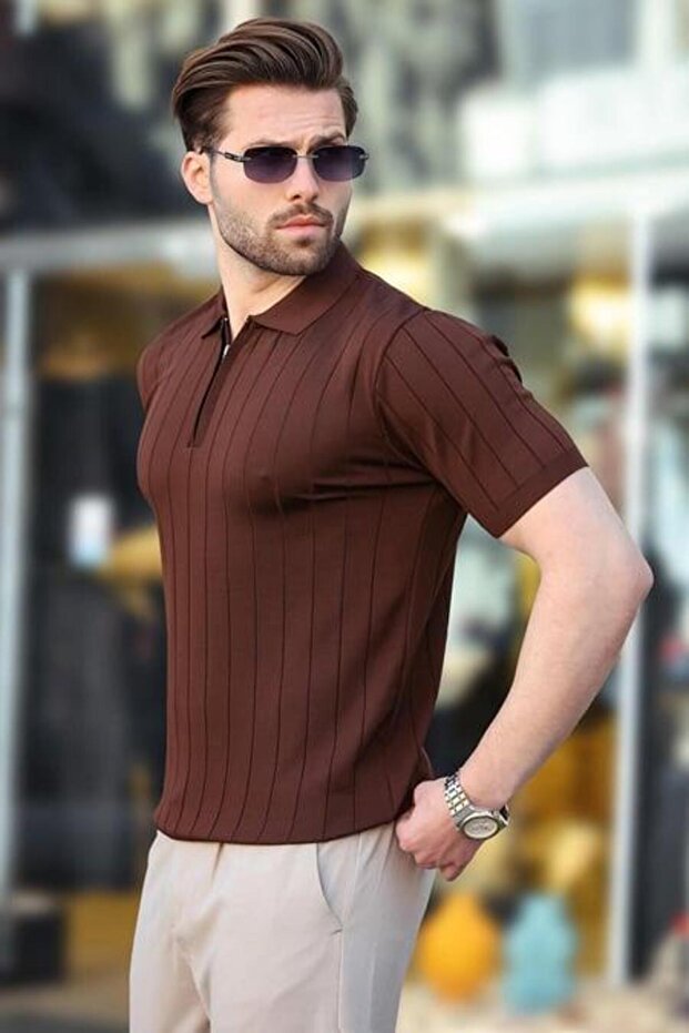 Polo Neck Striped Zippered Men's T-Shirt