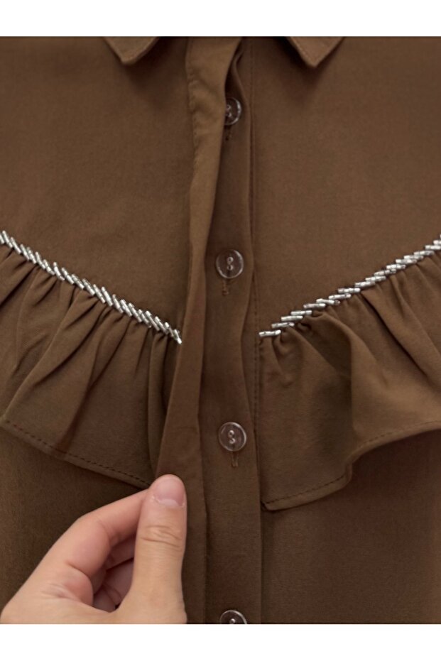 Yeşim Önü ve Arkası Fırfırlı Gömlek-EL1230 Kahve - 4