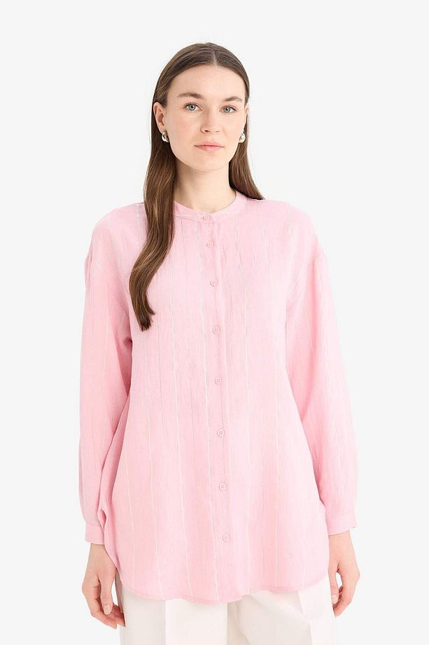 Relax Fit Basic Düz Simli Kumaş Uzun Kollu Tesetür Gömlek Tunik D9759ax25hs - 3