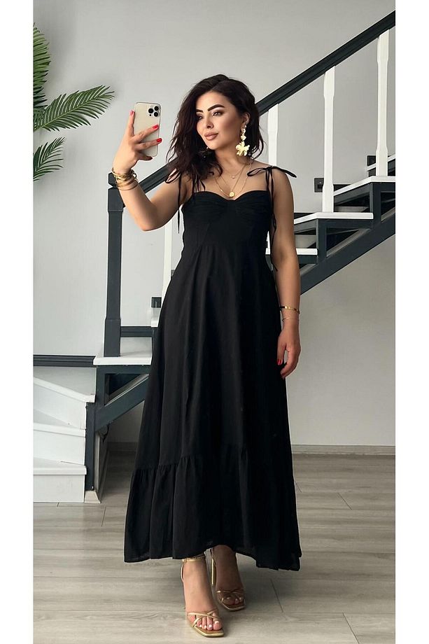 Siyah Marka Model Fırfırlı Astarlı Elbise - 5