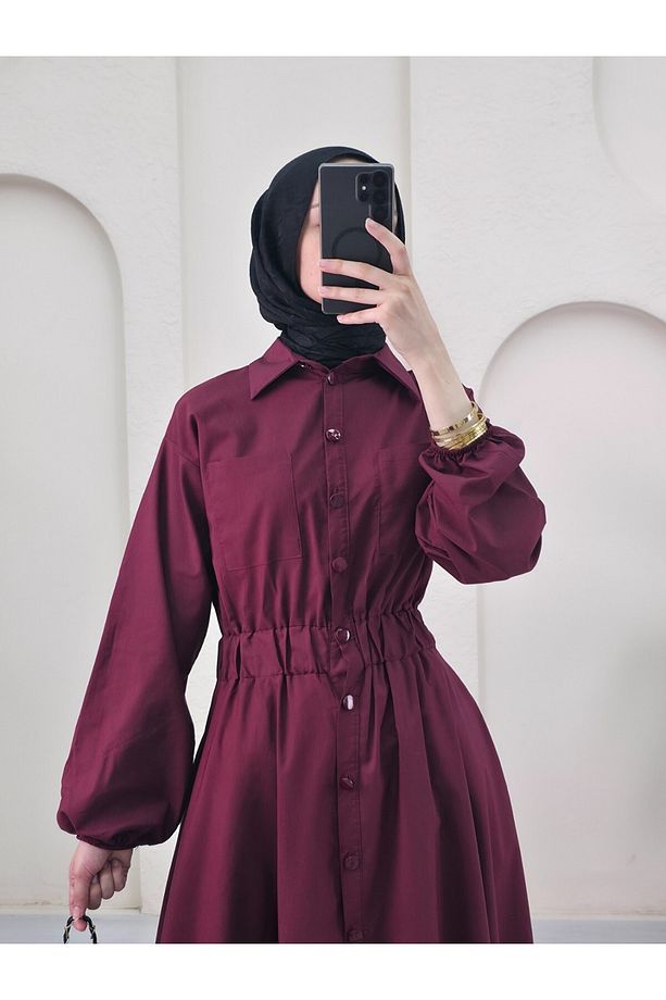 Boydan Düğmeli Çift Cepli Kolu Lastikli Poplin Elbise -Bordo - 6