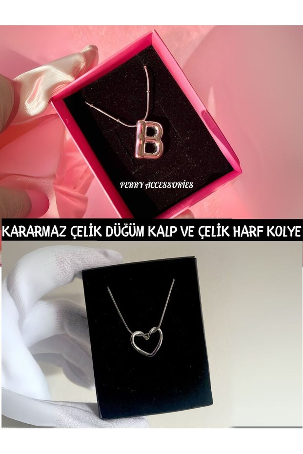 Tarnish Free Steel Balloon B Letter Necklace and Tarnish Free Guaranteed Steel Knot Heart Necklace Balloon Letter Necklace