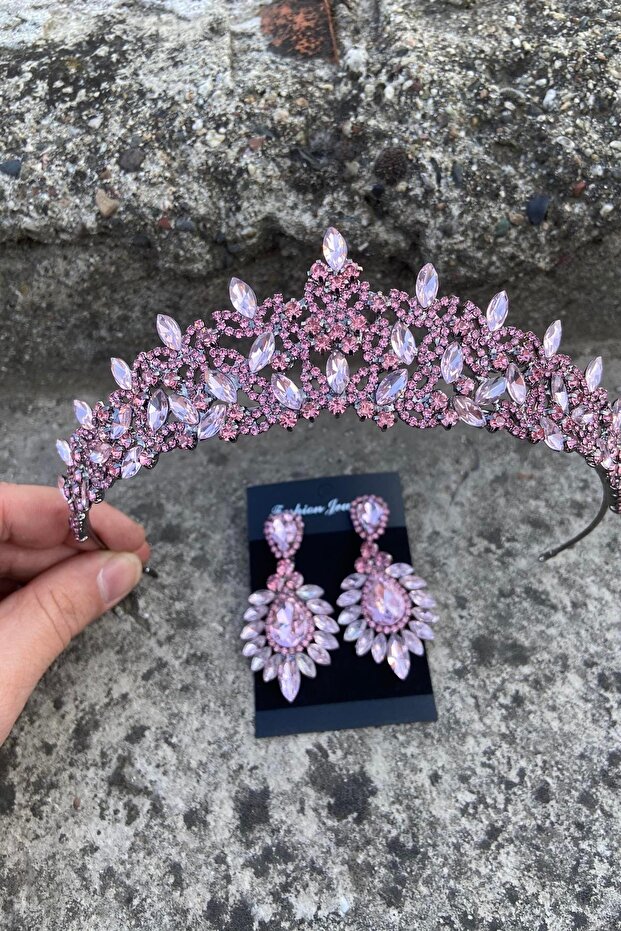 Clara Pink Bridal Henna Crown Special Occasion Accessory Women's Crown and Wide Shuttle Earrings Set