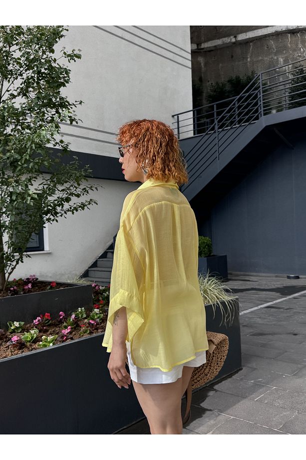 Premium Transparan Sarı Butter Yellow Perry Oversize Gömlek - 3