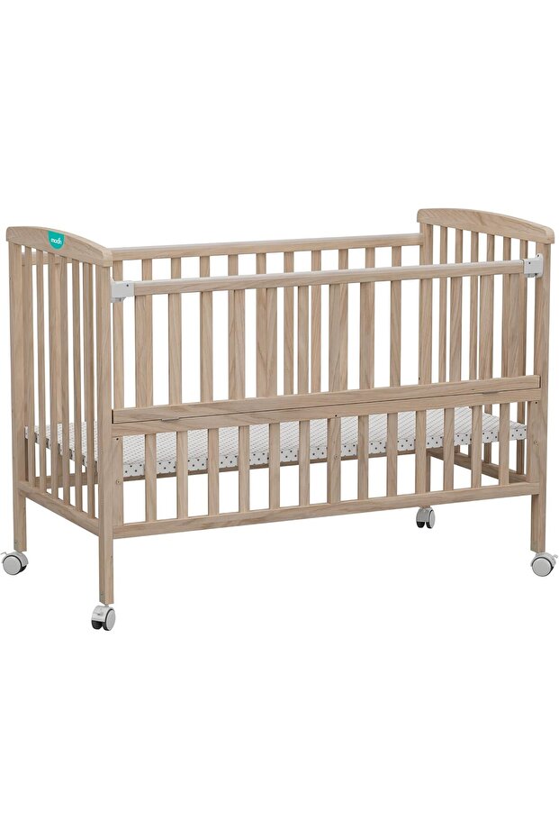 Wooden Portable Crib, 3 Level Height Adjustment, Folding Rail, Natural Wood