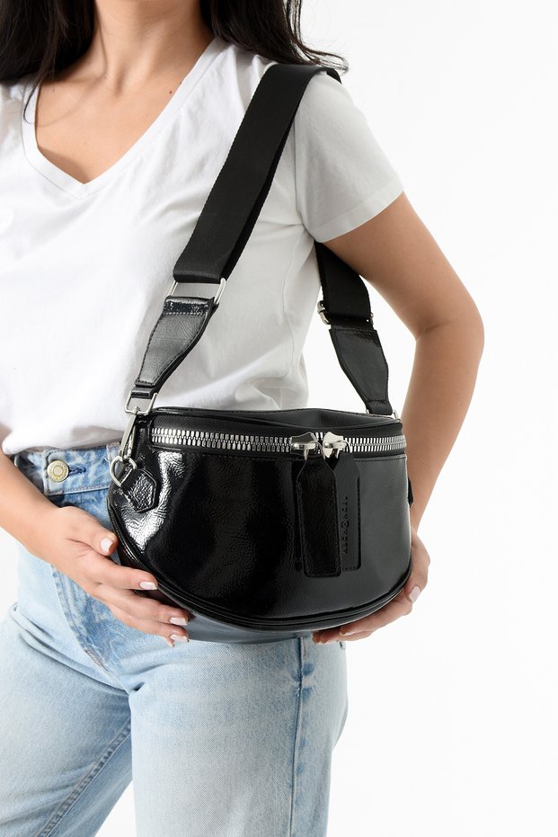 Women's Crossbody Bag Waist Bag with Woven Strap Black Patent Leather