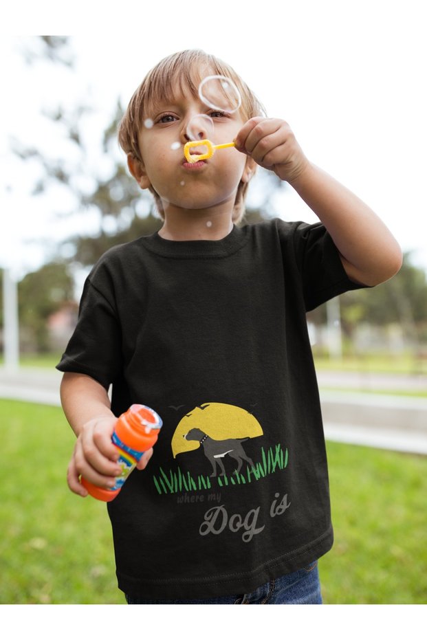 Children -Where My Dog Is- Transfer Printed Round Neck Short Sleeve T-Shirt