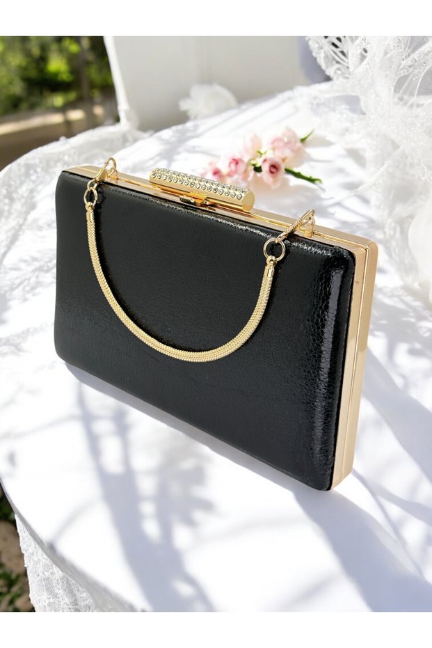 2026 Collection New Model Black Color Shiny Patterned Chain Strap in Strappy Women's Evening Dress Bag Wedding