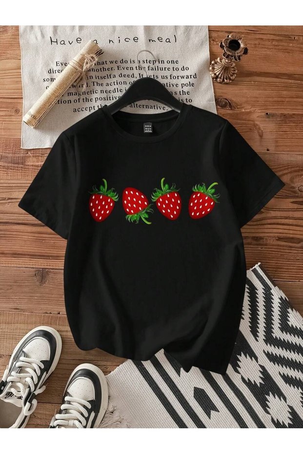 Women's Black Four Strawberries Printed Oversize T-Shirt
